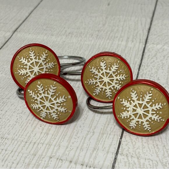 Red and Tan Snowflake Shower Curtain Hooks Set of 12 - Picture 3 of 9